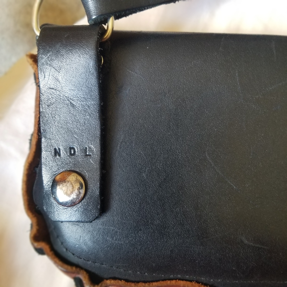 Hand crafted small laced leather crossbody clutch purse Black Brown - Picture 6 of 11